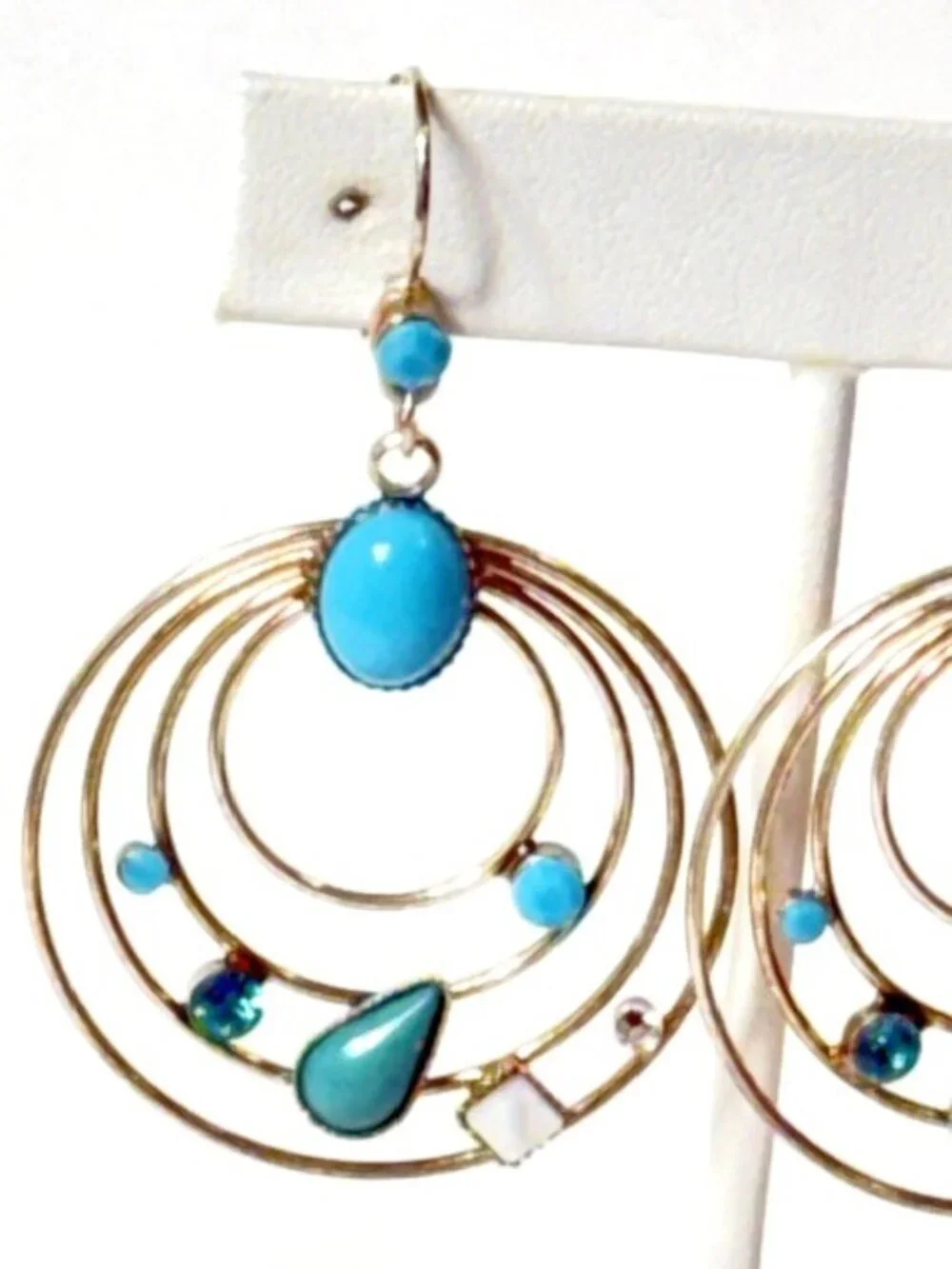 Silver- and turquoise-tone stone and bead hoop earrings